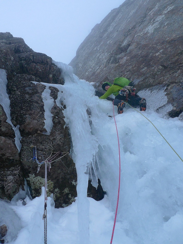 Kev enjoying great ice on the crux second pitch of Vanishing Gully, Ben Nevis.
