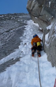 Arc'teryx Gamma Guide Pant, perfect for Alpine climbing. Seen here being used on the first crux of Beyond Good and Evil, North Face of Aiguille du Pelerins, France.