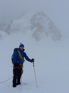Arc'teryx Gamma Guide Pant. Heading back across the glacier after climbing on the East Face of Mt Blanc du Tacul. Coping nicely with the wild weather!