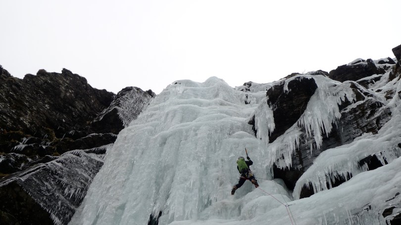 No it's not Cogne! Richard Allen leading the steep pitch on Organ Pipe Wall, Ben Udlaidh, Southern Highlands.