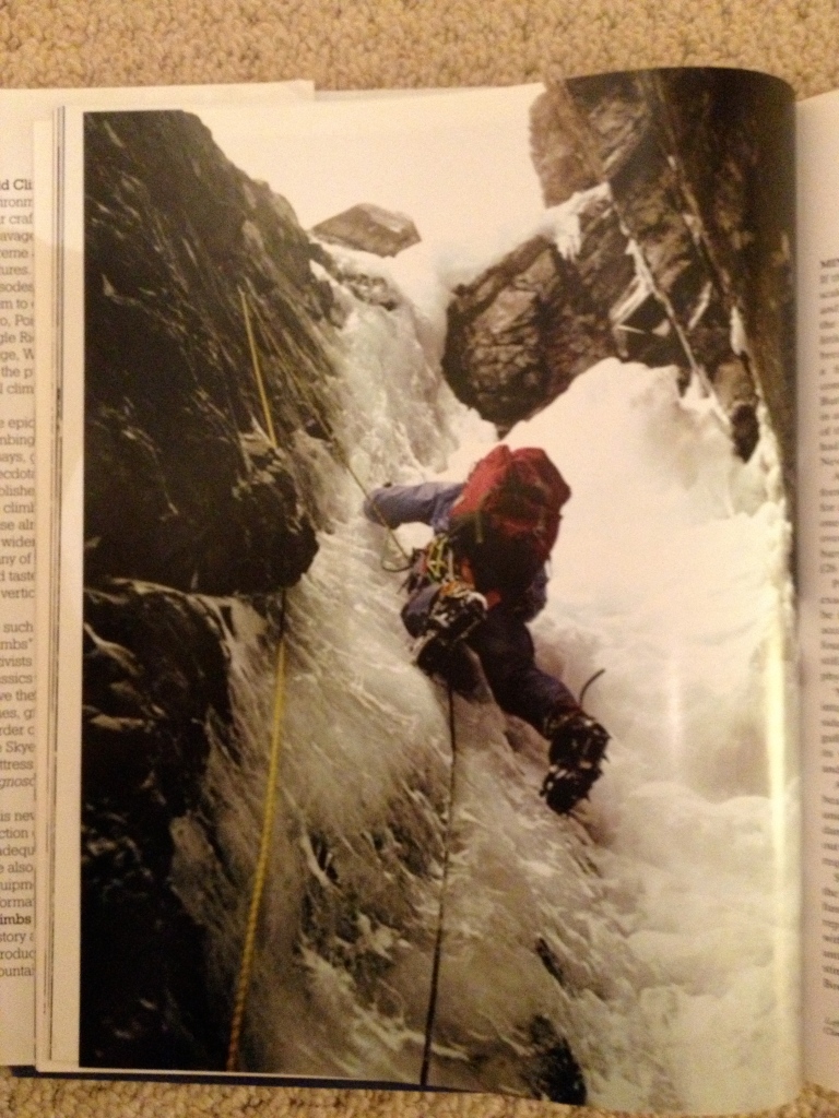 Mick Fowler's classic image of Tony Saunders approaching the crux overhang on pitch 2 of Minus 1 Gully, Ben Nevis.