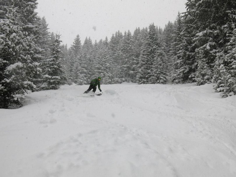 The Arc'teryx Quintic 38 carried well whilst skiing and felt nicely balanced on my back. Here it's put through it's paces carrying a full load and skiing great powder in the trees on a descent into Courchevel at the end of a great few days touring.