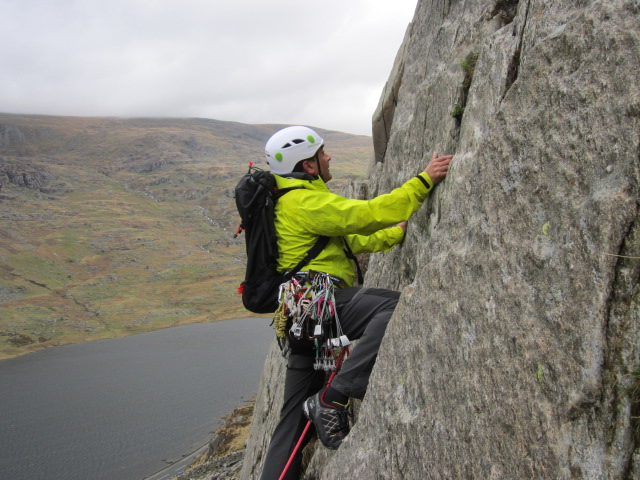 The good climbing sole offers confidence. Climbing on a a very polished Milestone Buttress, N.Wales.