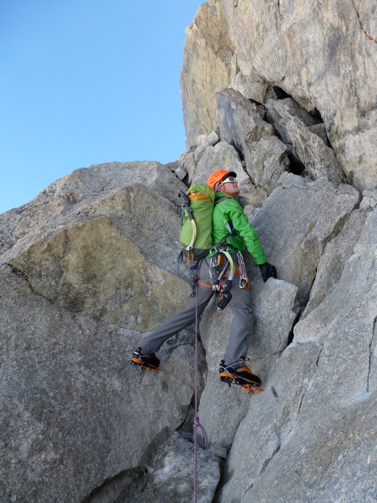 Heading up to the SW face of Dent Du Geant wearing the Patagonia Torrentshell Stretch Jacket.