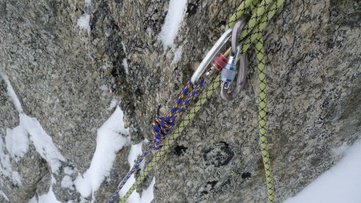 Edelrid Swift, set up for abseiling using a pull line, descending Pinnochio on Mt Blanc du Tacul's East Face.