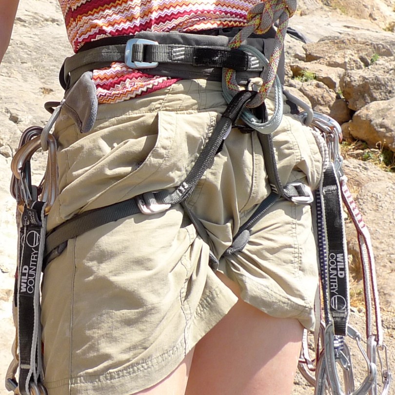 The Wild Country Aurora Women's Ziplock Harness is well equipped to carry lots of quickdraws. The only negative we found with this harness was that the excess waist band tended to pop out and hang down.