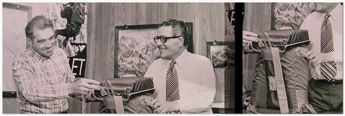 Millet founders showing off their first backpacks.