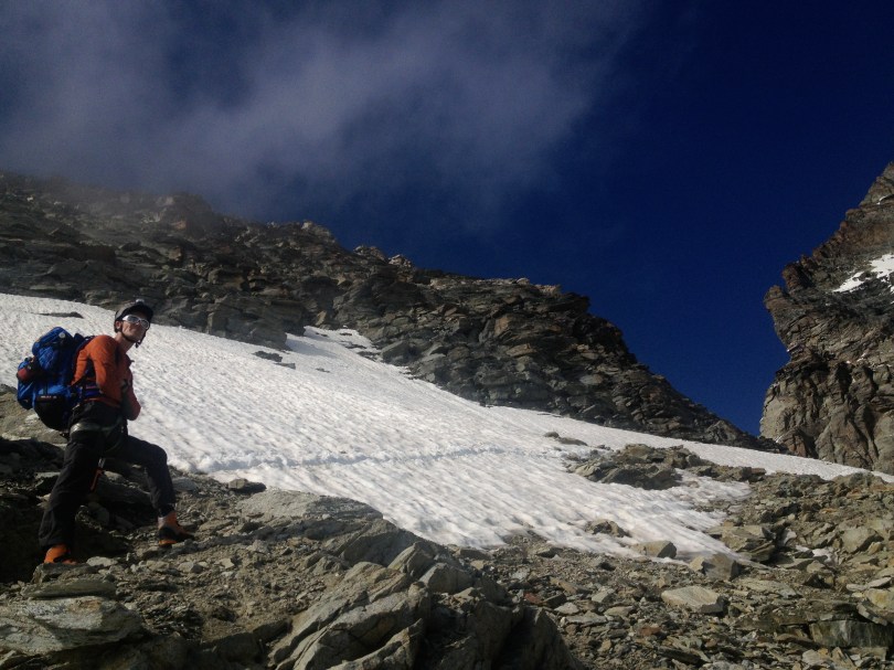 The Millet Peuterey 35+10 Pack almost at the shoulder before the Carrel hut on the Matterhorn's Lion Ridge.