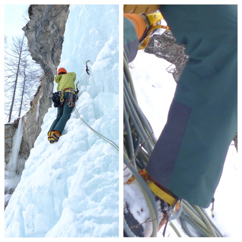 The North Face Kichatna Bibs: great for climbing too, although roomier around the lower leg than I would want if this was an out and out climbing pant. Note the kick patch reinforcement. 