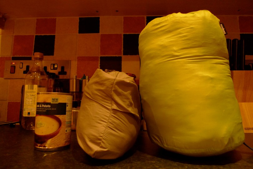 A stuffed size comparison. The DAS is on the right, the Patania Nano Puff is in the middle and the 400g soup can gives things perspective. The DAS comes with a big stuff sack but will fit in a smaller one. I used a roll top dry bag for mine.