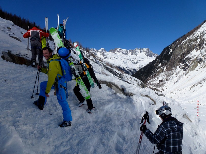 Haglöfs VOJD 18 ABS Ski Pack - carrying skis on the short bootpack at the end of the Vallee Blanche.