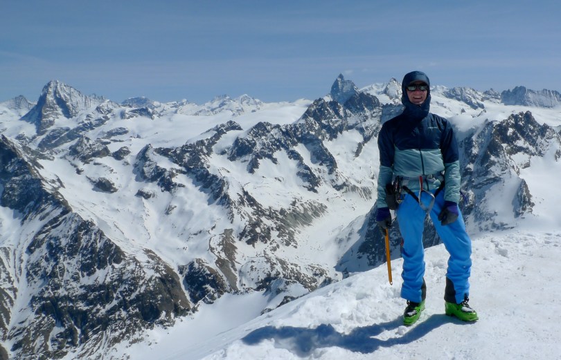Patagonia Alpine Houdini Jacket - great lightweight wind and moisture protection, a brilliant hood and super simple too. Here on the summit of Pigne d'Arolla whilst ski mountaineering in the Valais region of the Swiss Alps.