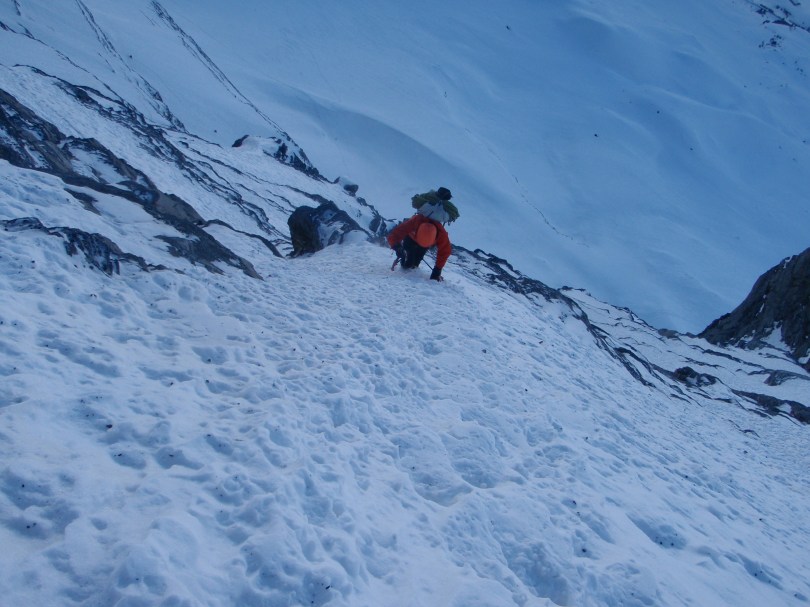 Arc'teryx Alpha Comp Hoody - the composite construction breathes well and moves with your body when you're working hard. Here in use on the lower slopes of the 1938 Route, Eiger North Face.