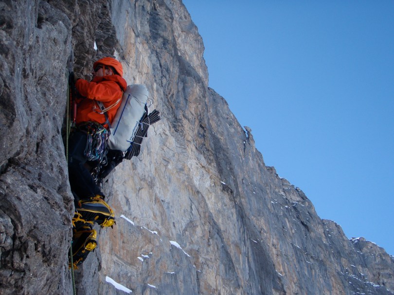 Arc'teryx Alpha Comp Hoody - well cut for technical climbing and durable as well. Here showing it's full credentials on the Difficult Crack, 1938 Route, Eiger North Face.