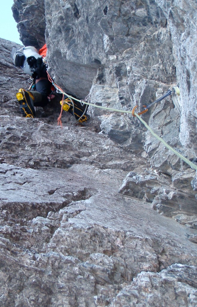 Patagonia Ascensionist 25 Pack - tough enough to deal with thrutchy corners and chimneys and streamlined so it doesn't get in the way. Here on the Waterfall Pitch, 1938 Route, North Face of the Eiger.