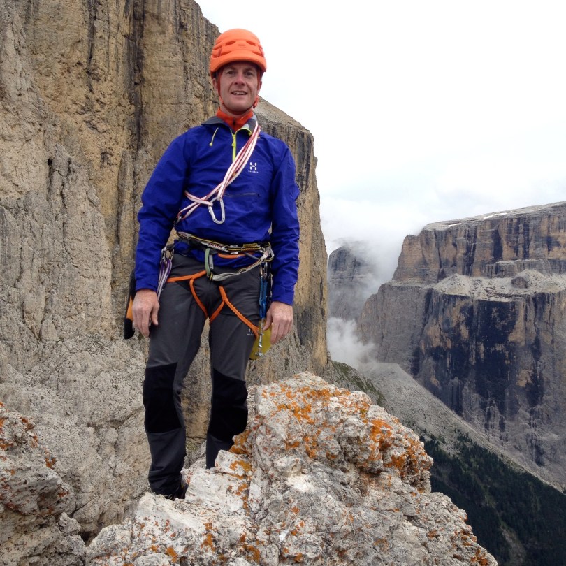 Haglöfs Roc Lite Pull - light enough and tough enough for tecjnical rock routes. Here in use on the Sella Towers, Dolomites, Italy.