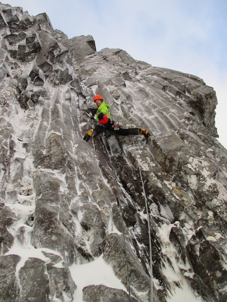 Kev leading off up pitch one of Central Grooves, VII 7, Stob Coire Nan Lochan 20/12/2014