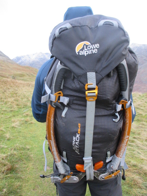 Fully loaded showing the Headlockerlocker and Webcatcher system for securing ice tools.