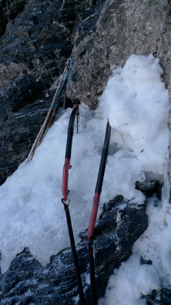 The DMM Switch ice tools. Large solid grips, attached using umbilical leashes for extra security.