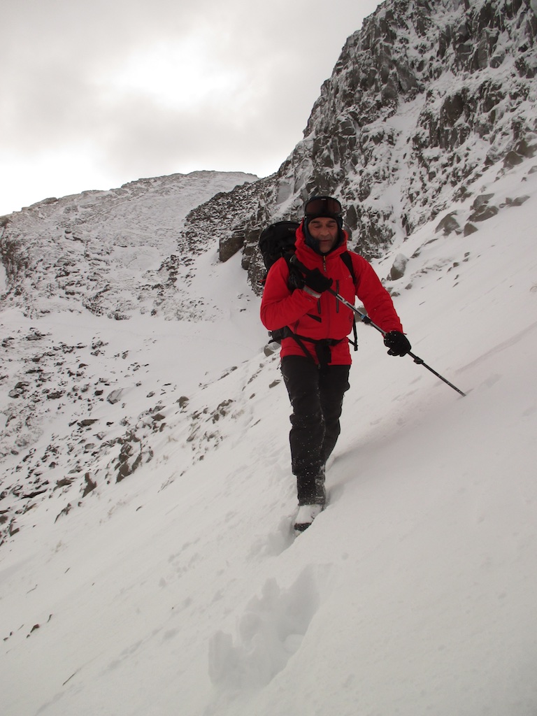 Deep snow in the gully approaching Bowfell Buttress 