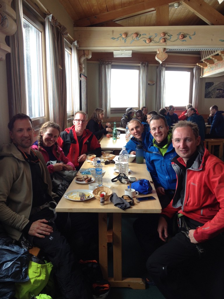 Lunch stop in the Cosmiques Refuge during the Basic Mountaineering Education clinic. A great bunch of people.