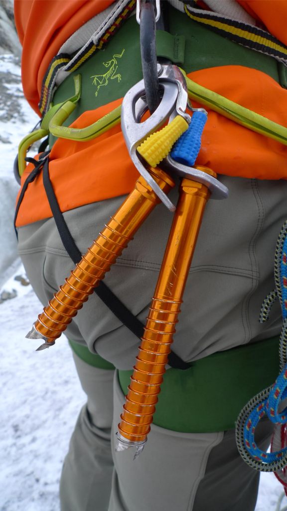 Petzl Laser Speed Light Ice Screw - rack neatly on a Petal ice screw clipper.