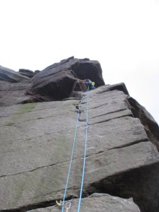 60m is great for Gritstone climbing -Dave high on route at Stanage Edge in the UK.