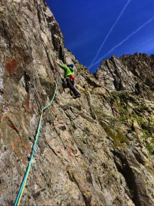 The Sherpa Khumbu pants were great to climb in. Climbing Koubal on the Petite Floria, Aiguilles Rouge in Chamonix.