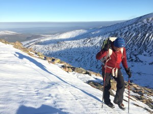 The stiff sole gave great security when side stepping up steep snow.